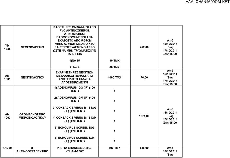 TEST) 60 ΤΜΧ 4000 ΤΜΧ 76,00 2) ADENOVIRUS IGM (IF) (00 TEST) ΑΜ 003 ΟΡΟΔΙΑΓΝΩΣΤΙΚΟ ΜΙΚΡΟΒΙΟΛΟΓΙΚΟΥ 3) COXSACKIE VIRUS B-6 IGG (IF) (20 TEST) 4) COXSACKIE VIRUS B-6