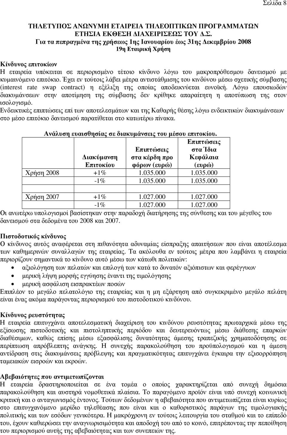 Έχει εν τούτοις λάβει µέτρα αντιστάθµισης του κινδύνου µέσω σχετικής σύµβασης (interest rate swap contract) η εξέλιξη της οποίας αποδεικνύεται ευνοϊκή.