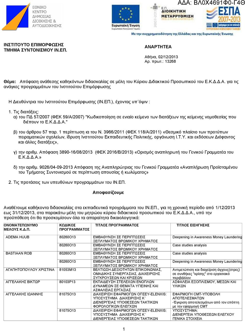 ΕΠ.), έχοντας υπ όψιν : 1. Τις διατάξεις: α) του Π 57/2007 (ΦΕΚ 59/Α/2007) "Κωδικοποίηση σε ενιαίο κείµενο των διατάξεων της κείµενης νοµοθεσίας που διέπουν το Ε.Κ...Α." β) του άρθρου 57 παρ.