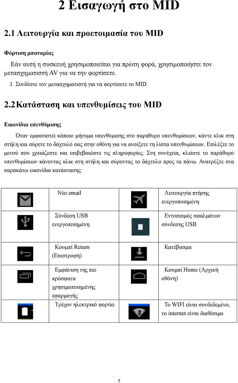 2 Κατάσταση και υπενθυμίσεις του MID Εικονίδια υπενθύμισης Όταν εμφανιστεί κάποιο μήνυμα υπενθύμισης στο παράθυρο υπενθυμίσεων, κάντε κλικ στη στήλη και σύρετε το δάχτυλό σας στην οθόνη για να