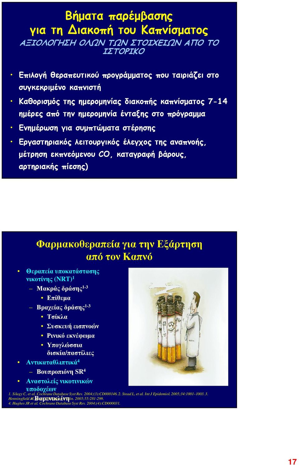 αρτηριακής πίεσης) Φαρµακοθεραπεία για την Εξάρτηση από τον Καπνό Θεραπεία υποκατάστασης νικοτίνης (NRT) 1 Μακράς δράσης 1-3 Επίθεµα Βραχείας δράσης 1-3 Τσίκλα Συσκευή εισπνοών Ρινικό εκνέφωµα