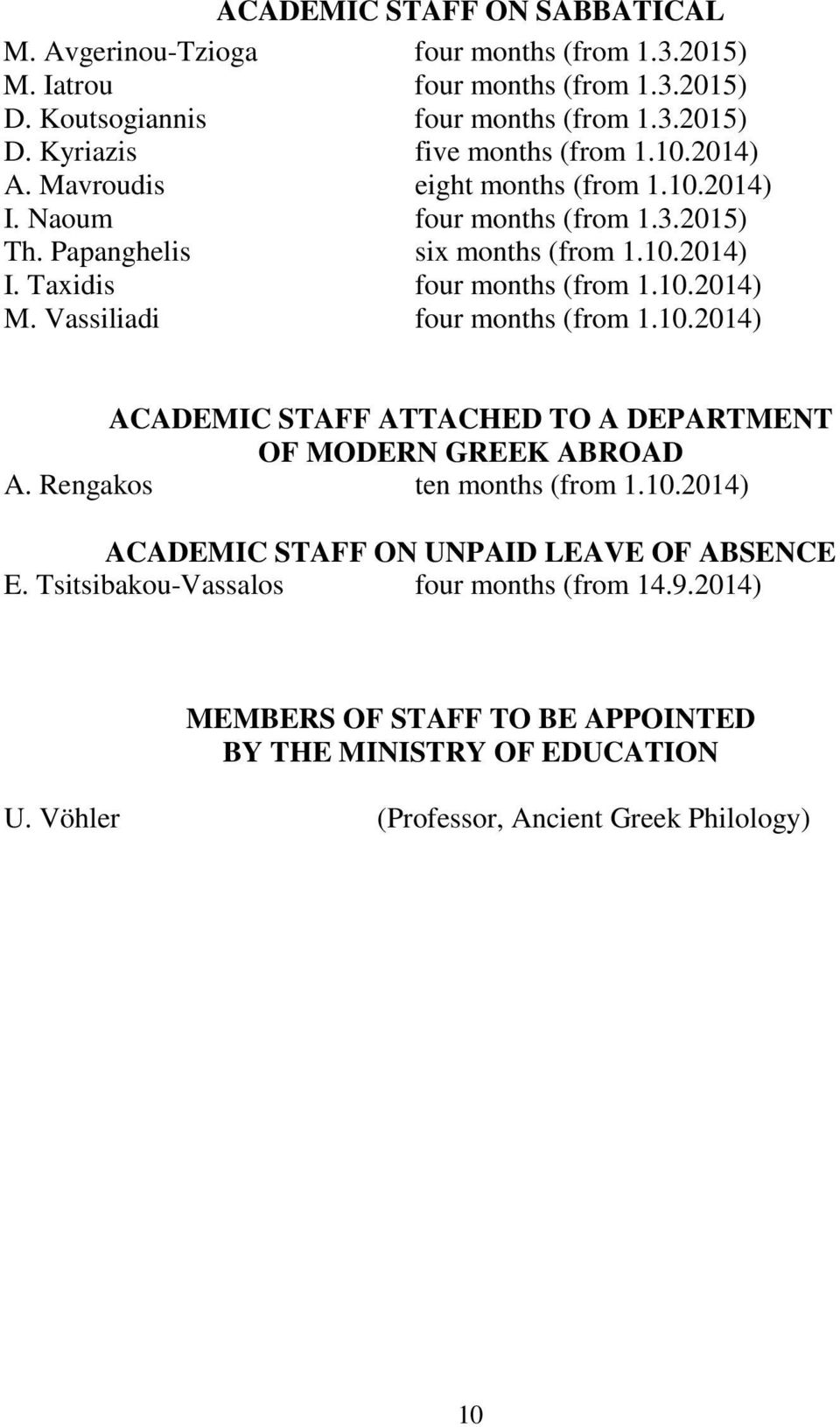 Vassiliadi four months (from 1.10.2014) ACADEMIC STAFF ATTACHED TO A DEPARTMENT OF MODERN GREEK ABROAD A. Rengakos ten months (from 1.10.2014) ACADEMIC STAFF ON UNPAID LEAVE OF ABSENCE E.