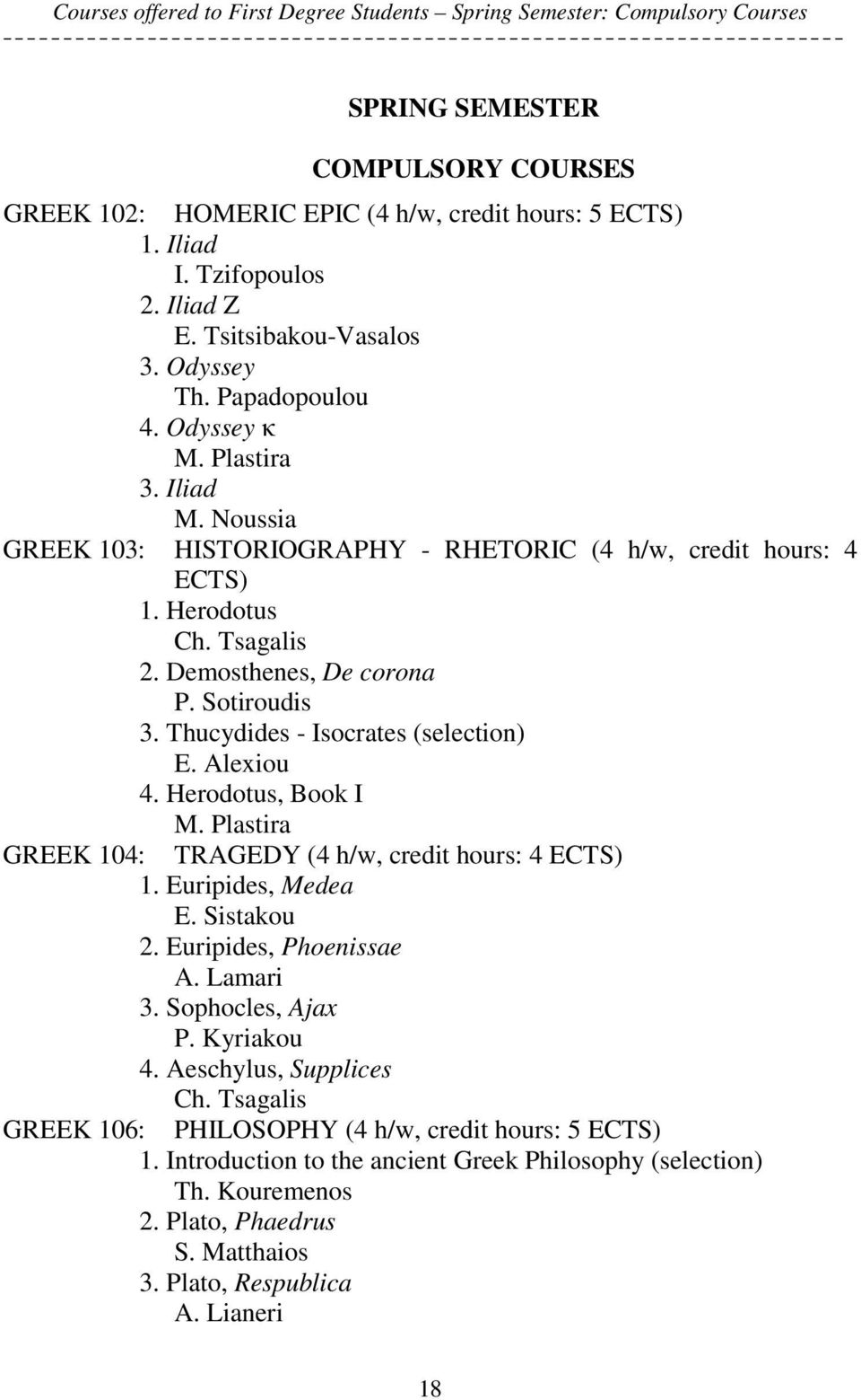 Demosthenes, De corona P. Sotiroudis 3. Thucydides - Isocrates (selection) E. Alexiou 4. Herodotus, Book I M. Plastira GREEK 104: TRAGEDY (4 h/w, credit hours: 4 1. Euripides, Medea E. Sistakou 2.