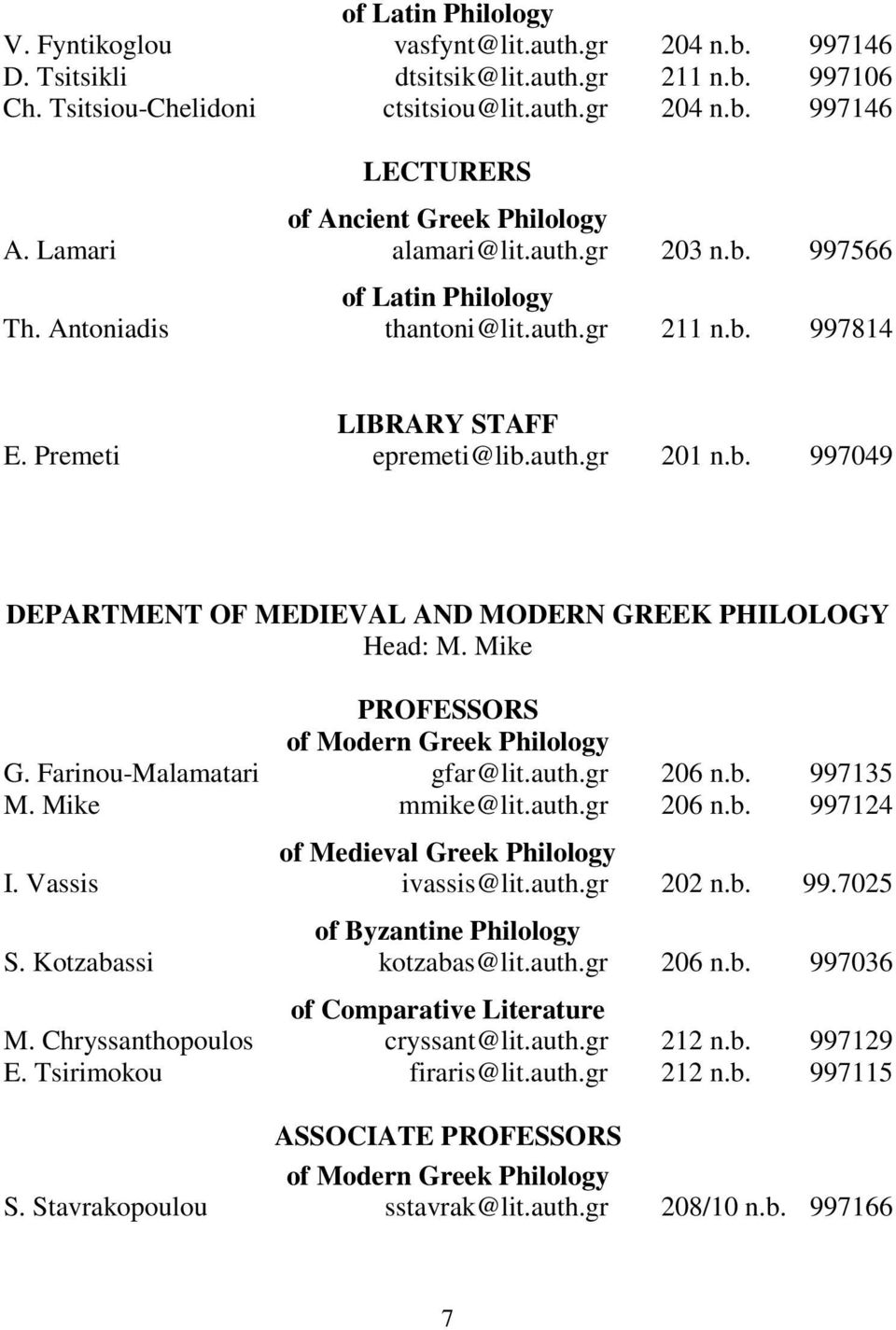 Mike PROFESSORS of Modern Greek Philology G. Farinou-Malamatari gfar@lit.auth.gr 206 n.b. 997135 M. Mike mmike@lit.auth.gr 206 n.b. 997124 of Medieval Greek Philology I. Vassis ivassis@lit.auth.gr 202 n.