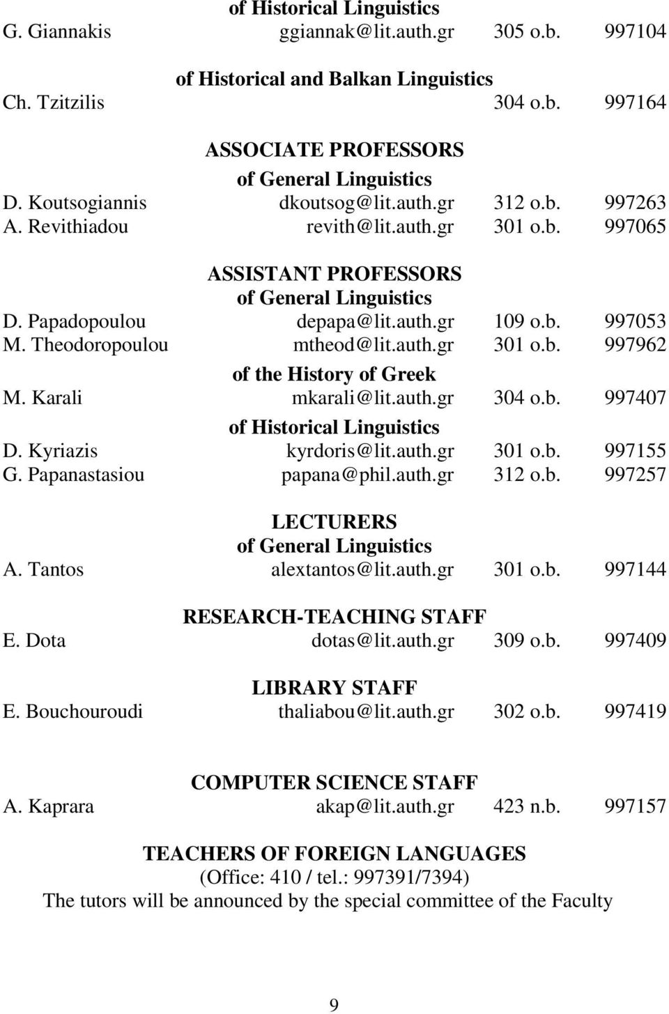 Theodoropoulou mtheod@lit.auth.gr 301 o.b. 997962 of the History of Greek M. Karali mkarali@lit.auth.gr 304 o.b. 997407 of Historical Linguistics D. Kyriazis kyrdoris@lit.auth.gr 301 o.b. 997155 G.