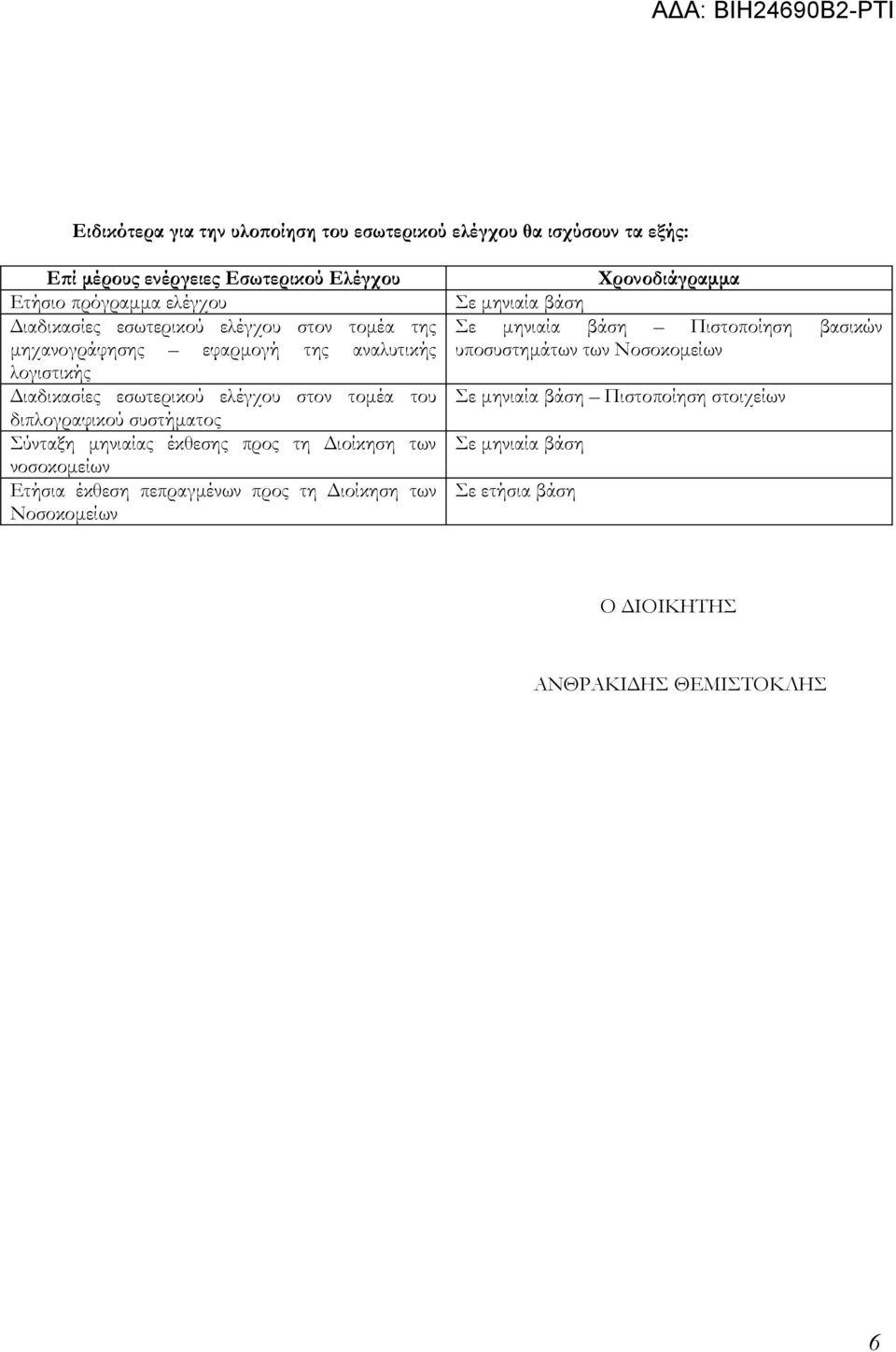 Σύνταξη μηνιαίας έκθεσης προς τη Διοίκηση των νοσοκομείων Ετήσια έκθεση πεπραγμένων προς τη Διοίκηση των Νοσοκομείων Χρονοδιάγραμμα Σε μηνιαία βάση Σε