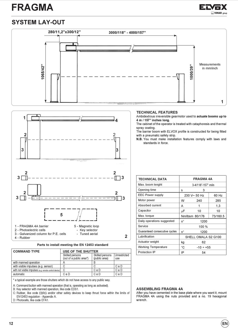 You must make installation features comply with laws and standards in force. 3 3 3 3 1 - FRAGMA 4A barrier - Photoelectric cells 3 - Galvanized column for P.E.