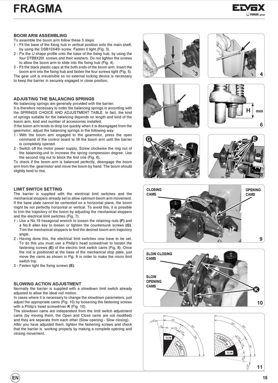 3 - Fit the black plastic caps at the both ends of the boom arm. Insert the boom arm into the fixing hub and fasten the four screws tight (Fig. 5).