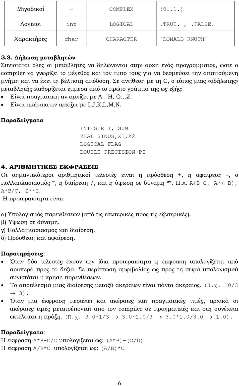 έχει τη βέλτιστη απόδοση. Σε αντίθεση µε τη C, ο τύπος µιας «αδήλωτης» µεταβλητής καθορίζεται έµµεσα από το πρώτο γράµµα της ως εξής: Είναι πραγµατική αν αρχίζει µε A H, O Z.