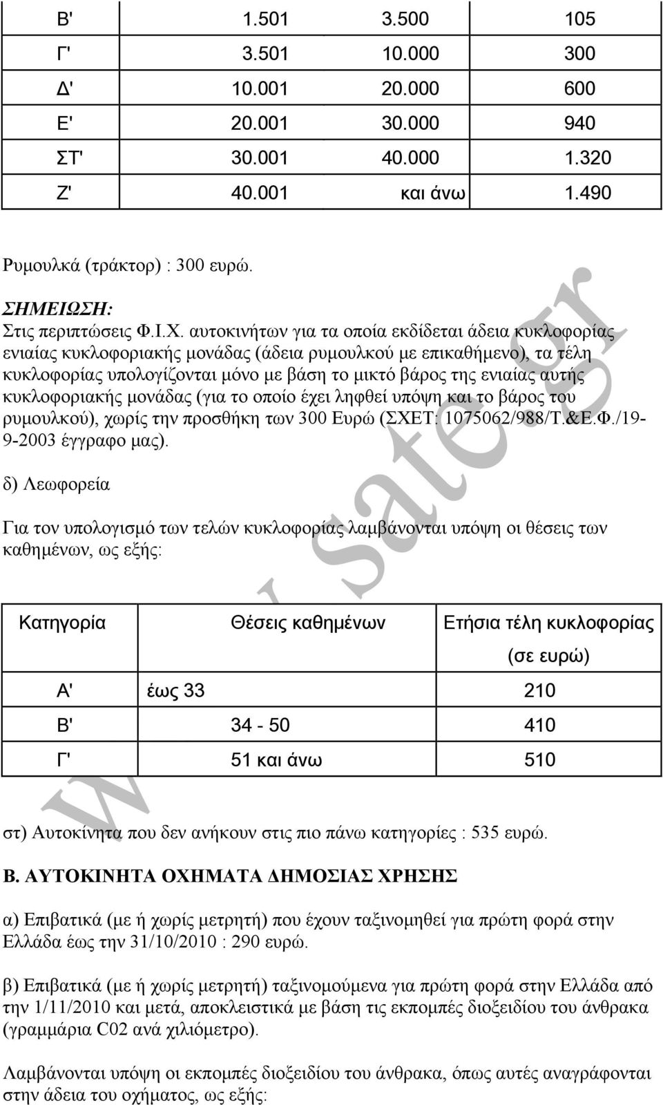 κυκλοφοριακής µονάδας (για το οποίο έχει ληφθεί υπόψη και το βάρος του ρυµουλκού), χωρίς την προσθήκη των 300 Ευρώ (ΣΧΕΤ: 1075062/988/Τ.&Ε.Φ./19-9-2003 έγγραφο µας).