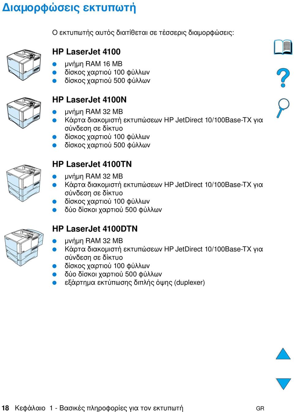 εκτυπώσεων HP JetDirect 10/100Base-TX για σύνδεση σε δίκτυο δίσκος χαρτιού 100 φύλλων δύο δίσκοι χαρτιού 500 φύλλων HP LaserJet 4100DTN µνήµη RAM 32 MB Κάρτα διακοµιστή εκτυπώσεων HP