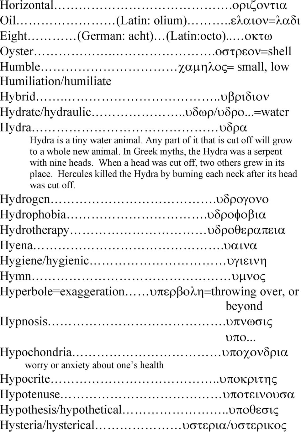 When a head was cut off, two others grew in its place. Hercules killed the Hydra by burning each neck after its head was cut off. Hydrogen.υδρογονο Hydrophobia.