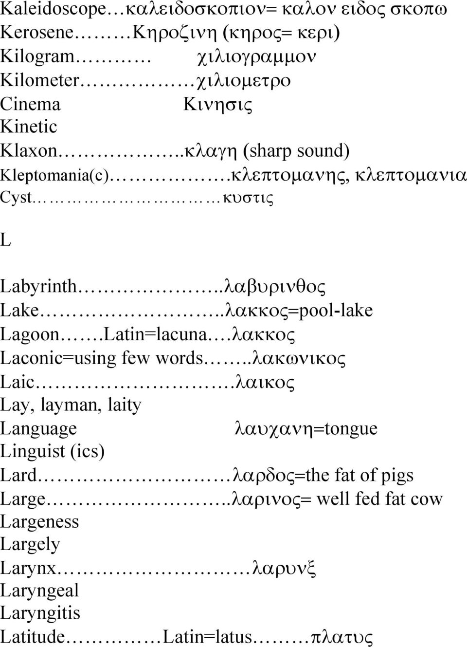 .λακκος=pool-lake Lagoon.Latin=lacuna.λακκος Laconic=using few words..λακωνικος Laic.