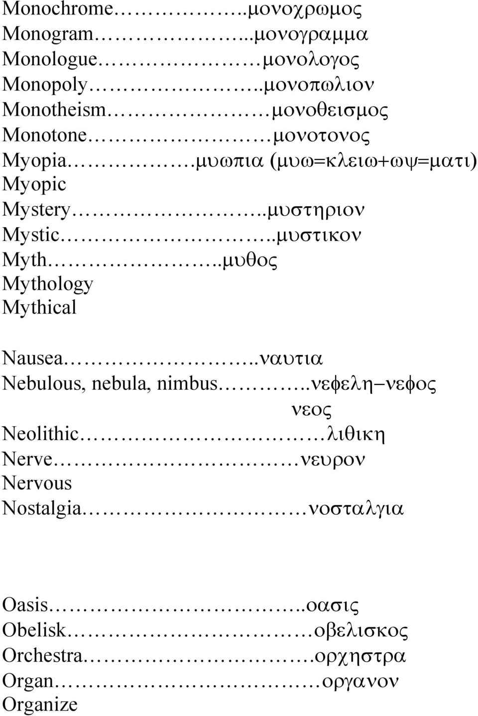 .µυστηριον Mystic..µυστικον Myth..µυθος Mythology Mythical Nausea..ναυτια Nebulous, nebula, nimbus.