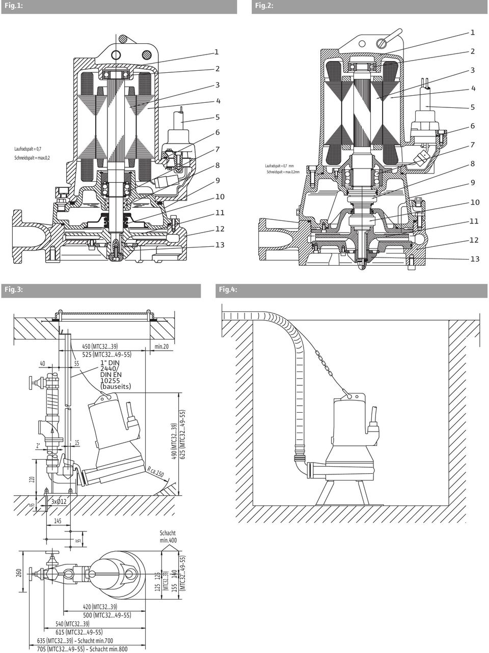 20 2" 15 490 (MTC32...39) 625 (MTC32...49-55) R ca.150 95 3xØ12 145 260 125 125 (MTC32...39) 155 140 (MTC32...49-55) 95 220 Schacht min.