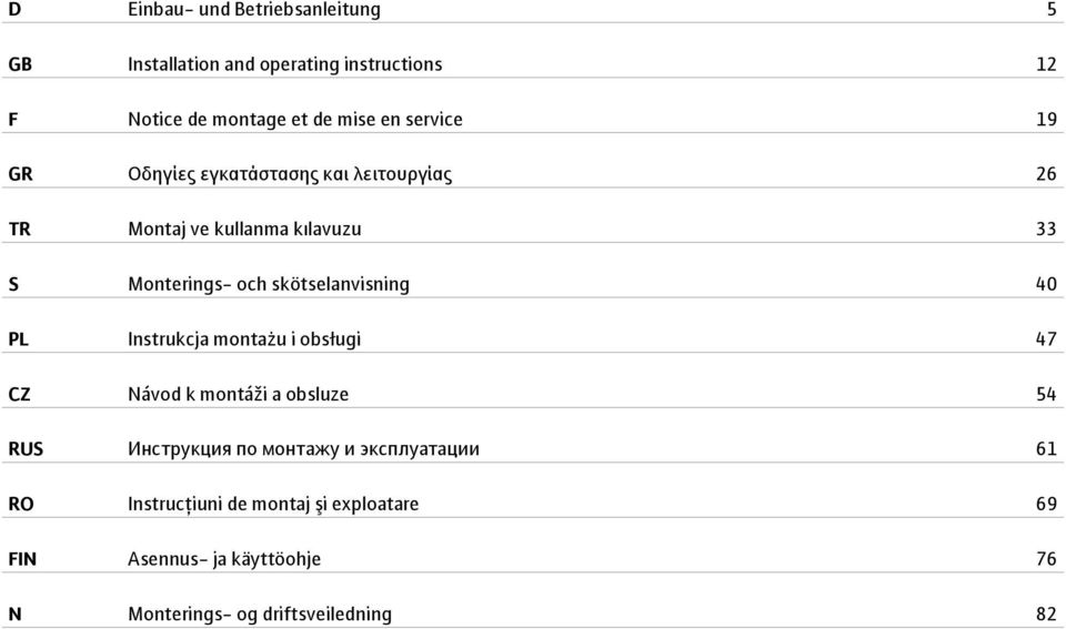 skötselanvisning 40 PL Instrukcja montażu i obsługi 47 CZ Návod k montáži a obsluze 54 RUS Инструкция по монтажу и