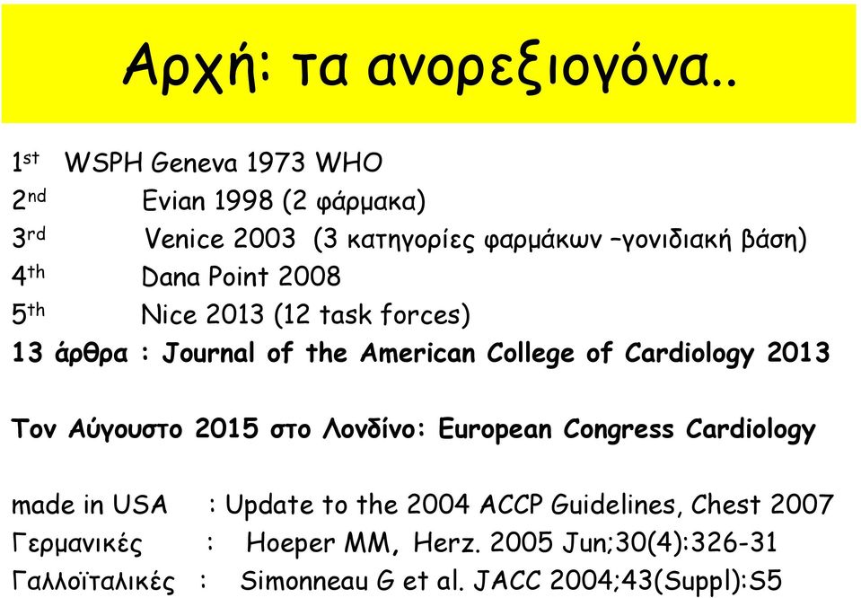 Dana Point 2008 5 th Nice 2013 (12 task forces) 13 άρθρα : Journal of the American College of Cardiology 2013 Τον