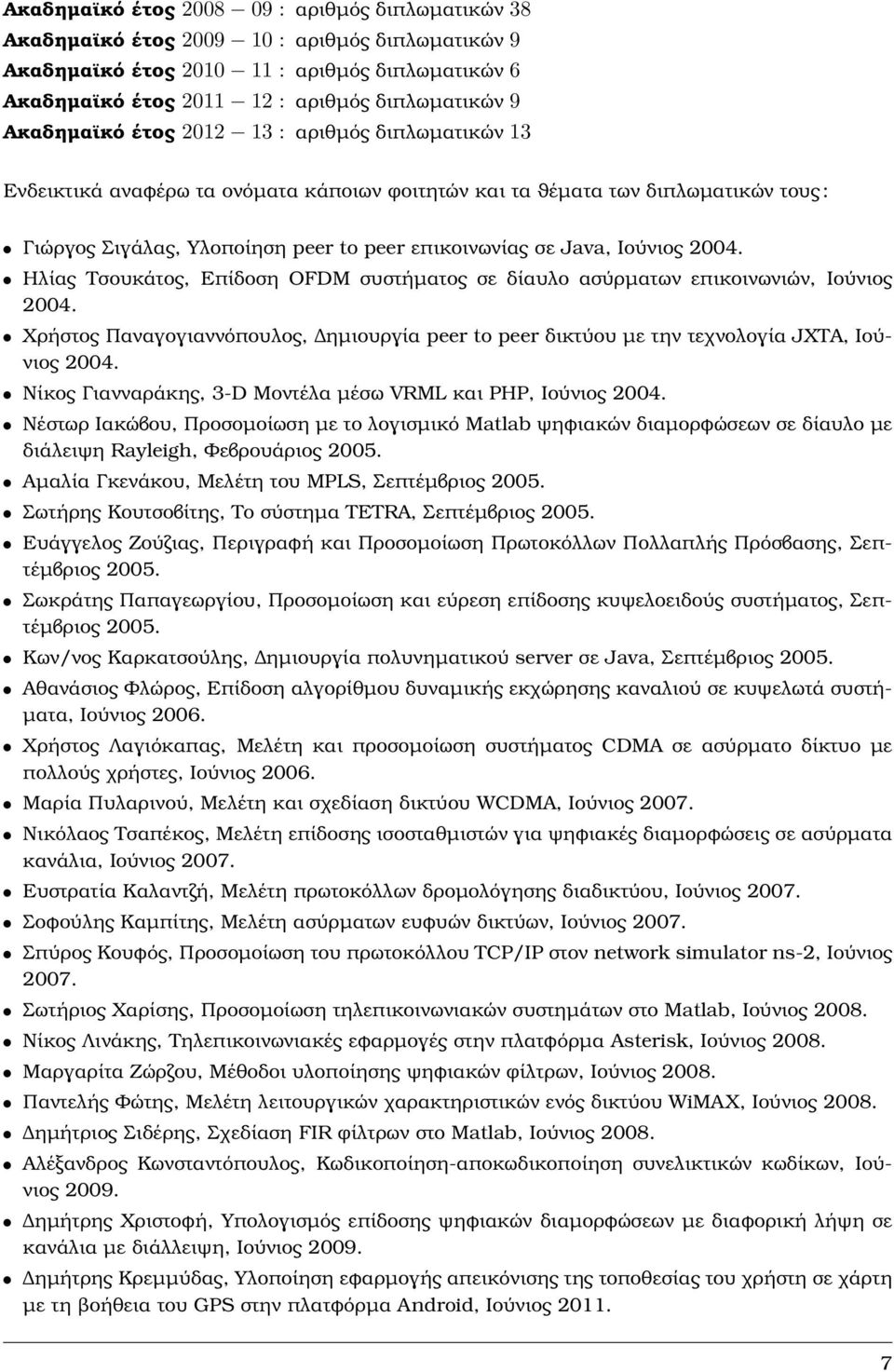 Ιούνιος 2004. Ηλίας Τσουκάτος, Επίδοση OFDM συστήµατος σε δίαυλο ασύρµατων επικοινωνιών, Ιούνιος 2004. Χρήστος Παναγογιαννόπουλος, ηµιουργία peer to peer δικτύου µε την τεχνολογία JXTA, Ιούνιος 2004.