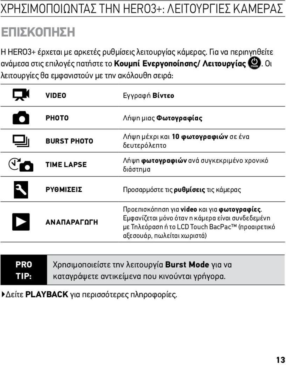 Οι λειτουργίες θα εμφανιστούν με την ακόλουθη σειρά: video photo burst Photo time lapse ΡΥΘΜΙΣΕΙΣ ΑΝΑΠΑΡΑΓΩΓΗ Εγγραφή Βίντεο Λήψη μιας Φωτογραφίας Λήψη μέχρι και 10 φωτογραφιών σε ένα δευτερόλεπτο