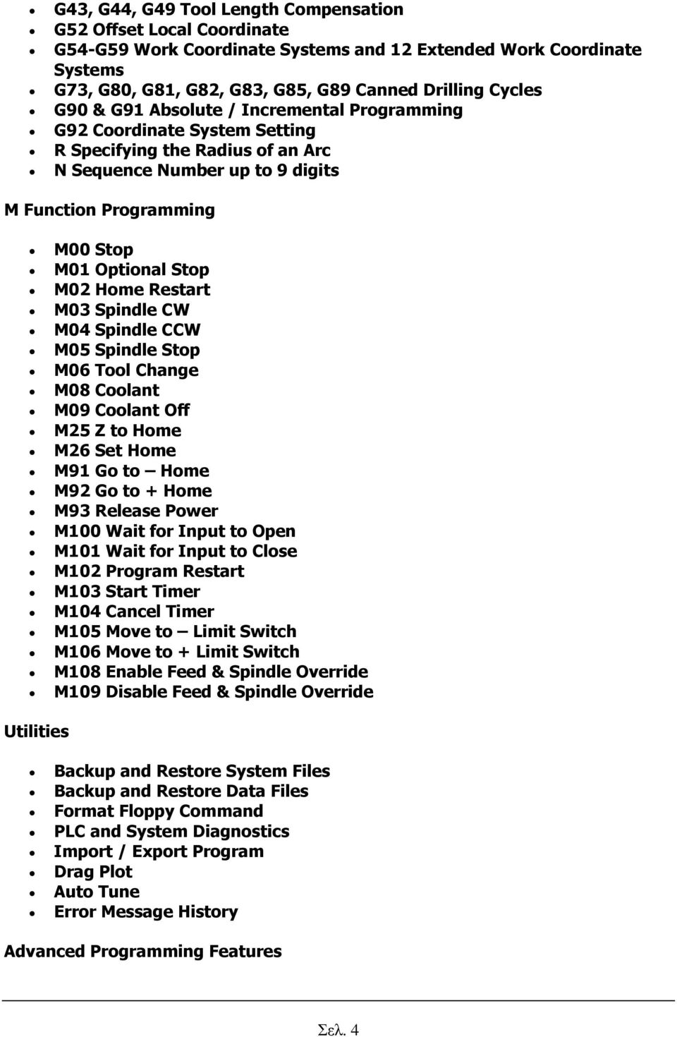 Restart M03 Spindle CW M04 Spindle CCW M05 Spindle Stop M06 Tool Change M08 Coolant M09 Coolant Off M25 Z to Home M26 Set Home M91 Go to Home M92 Go to + Home M93 Release Power M100 Wait for Input to