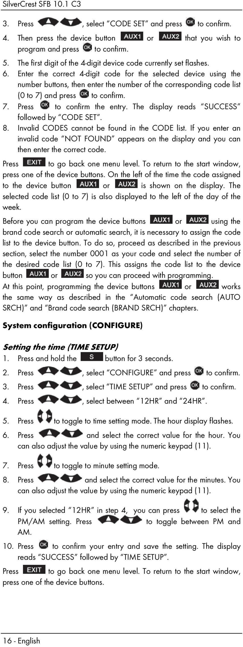 The display reads SUCCESS followed by CODE SET. 8. Invalid CODES cannot be found in the CODE list.