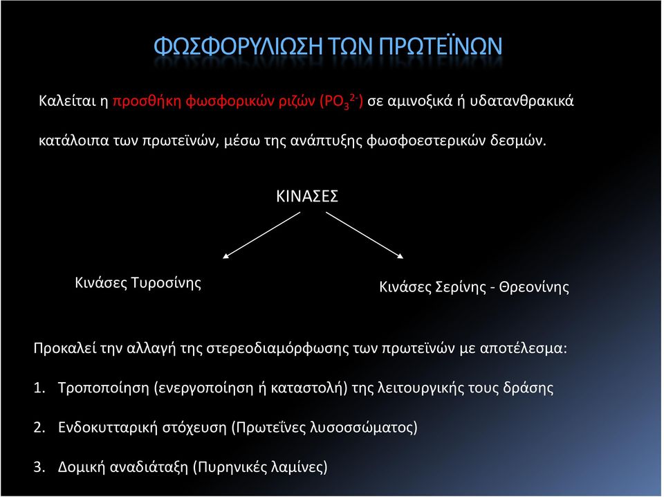 ΚΙΝΑΣΕΣ Κινάσες Τυροσίνης Κινάσες Σερίνης - Θρεονίνης Προκαλεί την αλλαγή της στερεοδιαμόρφωσης των πρωτεϊνών με