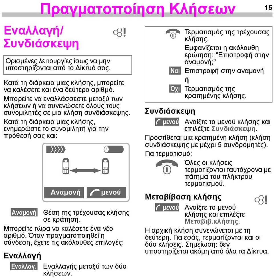 Κατά τη διάρκεια µιας κλήσης, ενηµερώστε το συνοµιλητή για την πρόθεσή σας και: < a i Αvαµοvή i Aµενού Αvαµοvή Θέση της τρέχουσας κλήσης σε κράτηση. Μπορείτε τώρα να καλέσετε ένα νέο αριθµό.