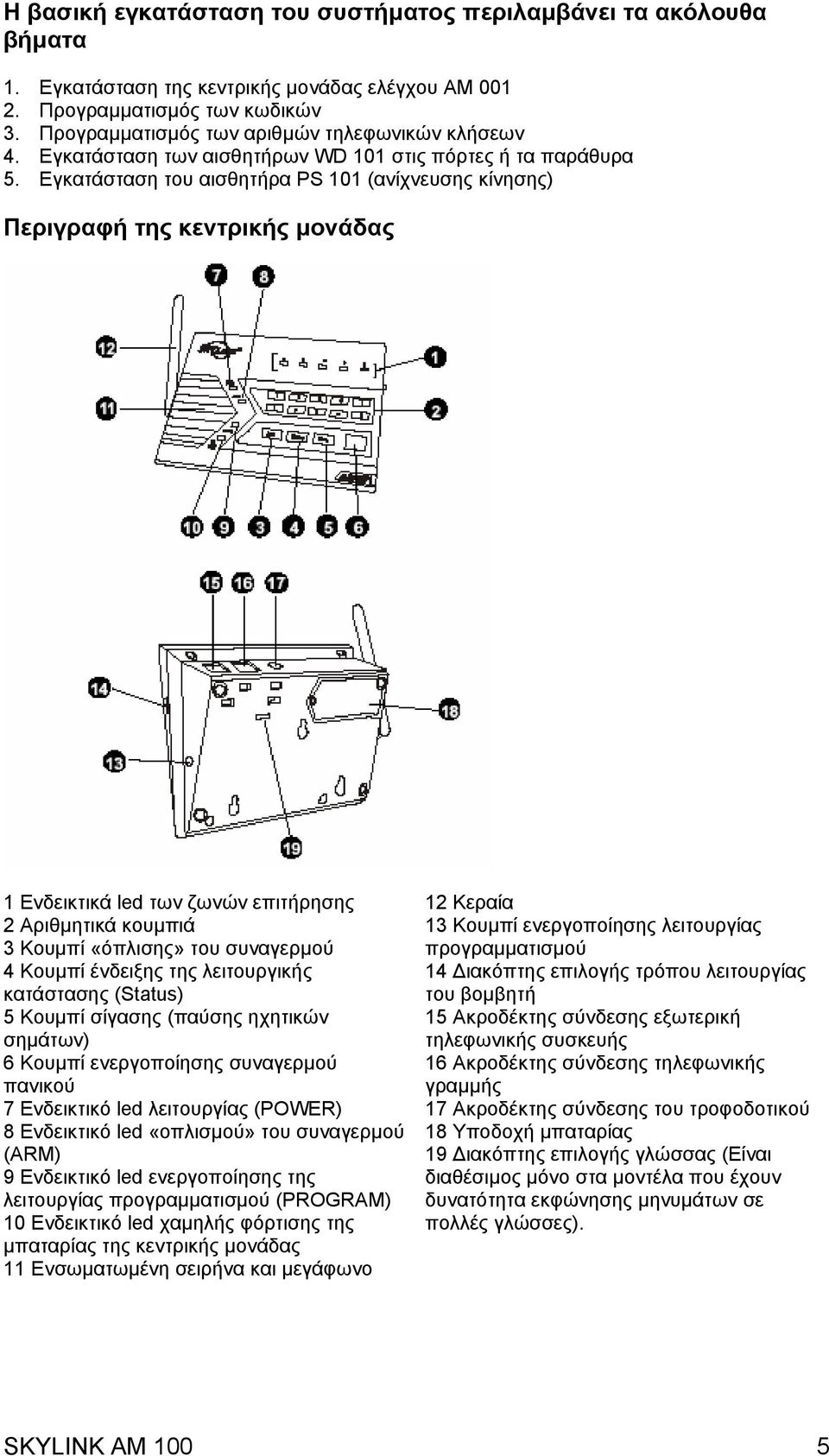 Εγκατάσταση του αισθητήρα PS 101 (ανίχνευσης κίνησης) Περιγραφή της κεντρικής µονάδας 1 Ενδεικτικά led των ζωνών επιτήρησης 2 Αριθµητικά κουµπιά 3 Κουµπί «όπλισης» του συναγερµού 4 Κουµπί ένδειξης
