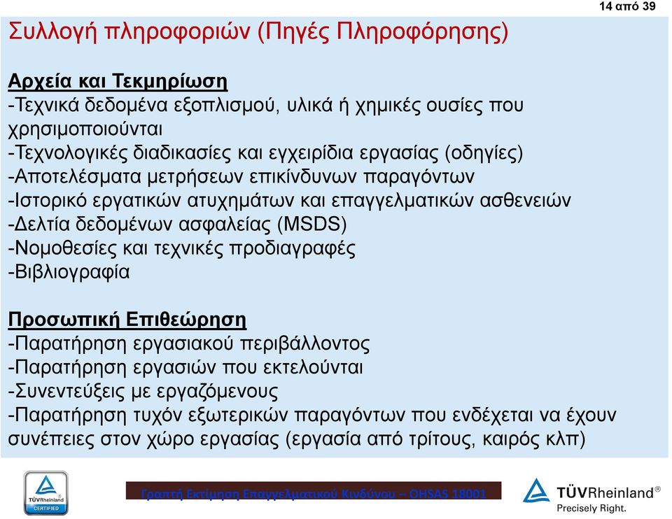 δεδομένων ασφαλείας (MSDS) -Νομοθεσίες και τεχνικές προδιαγραφές -Βιβλιογραφία Προσωπική Επιθεώρηση -Παρατήρηση εργασιακού περιβάλλοντος -Παρατήρηση εργασιών που