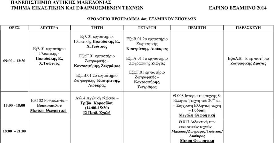 01 εργαστήριο Κοντοσφύρης, Ζωγράφος ΕζωΑ.01 1ο εργαστήριο Εθ.102 Ρυθμολογία Βοσκοπουλου Αγλ.4 Αγγλική γλώσσα Γρίβα, Κοροσίδου (14:00-15:30) Θ.
