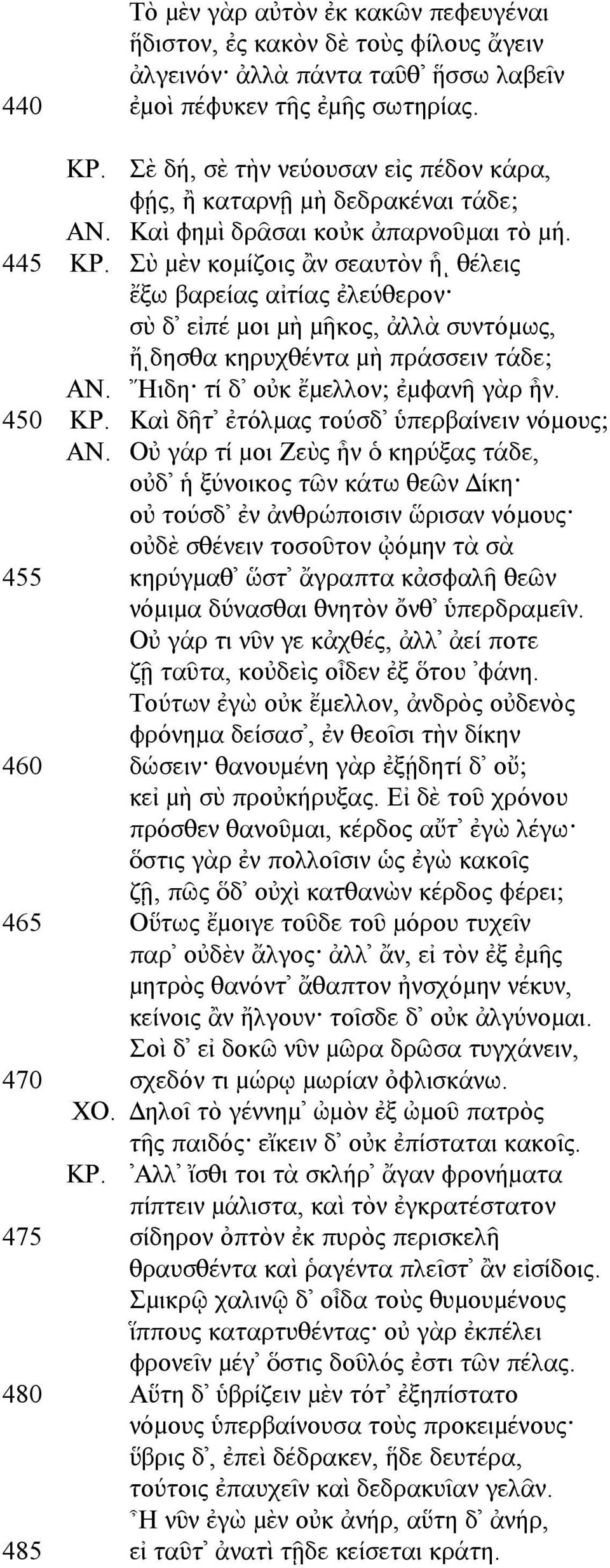 Σὺ µὲν κοµίζοις ἂν σεαυτὸν ἧι θέλεις ἔξω βαρείας αἰτίας ἐλεύθερον σὺ δ εἰπέ µοι µὴ µῆκος, ἀλλὰ συντόµως, ἤιδησθα κηρυχθέντα µὴ πράσσειν τάδε; ΑΝ. Ηιδη τί δ οὐκ ἔµελλον; ἐµφανῆ γὰρ ἦν. 450 ΚΡ.