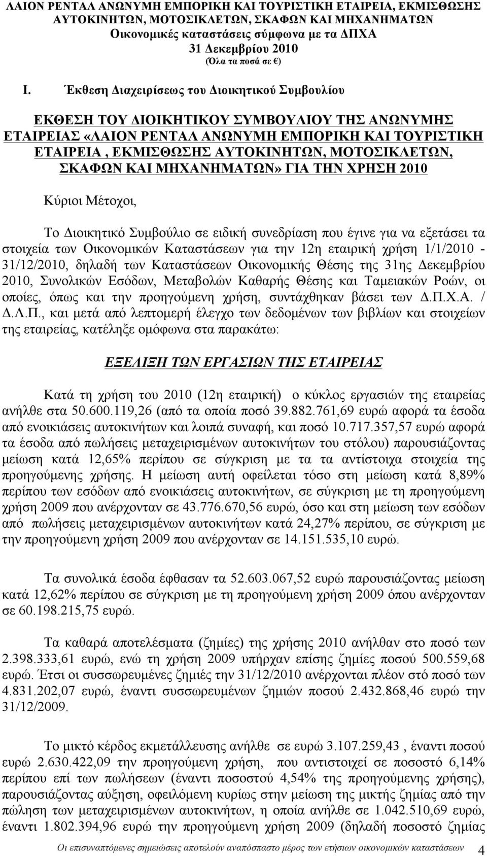 εταιρική χρήση 1/1/2010-31/12/2010, δηλαδή των Καταστάσεων Οικονοµικής Θέσης της 31ης Δεκεµβρίου 2010, Συνολικών Εσόδων, Μεταβολών Καθαρής Θέσης και Ταµειακών Ροών, οι οποίες, όπως και την