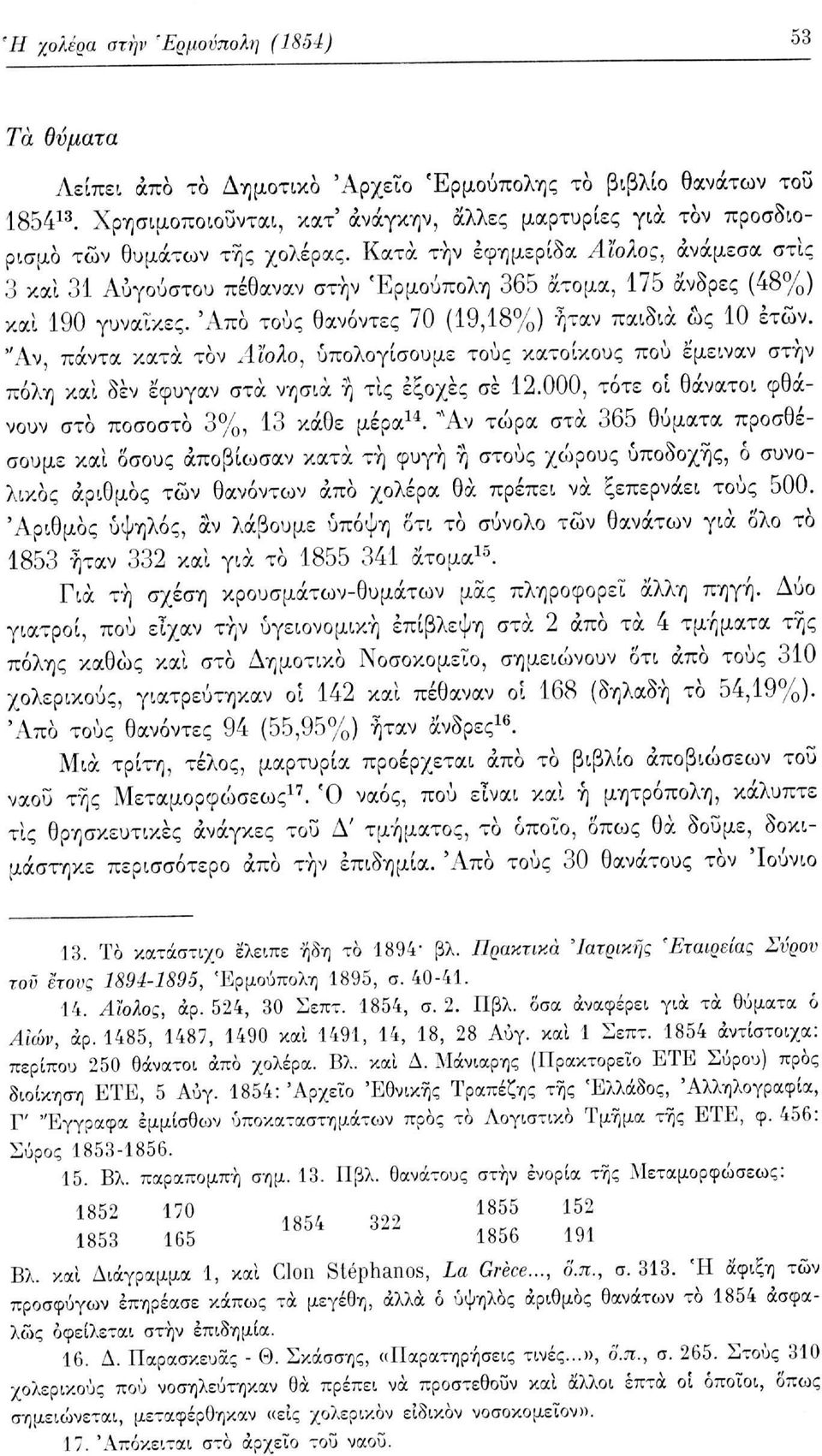 , ανάμεσα στις 3 και 31 Αυγούστου πέθαναν στην Ερμούπολη 365 άτομα, 175 άνδρες (48%) και 190 γυναίκες. 'Από τους θανόντες 70 (19,18%) ήταν παιδιά ως 10 ετών.