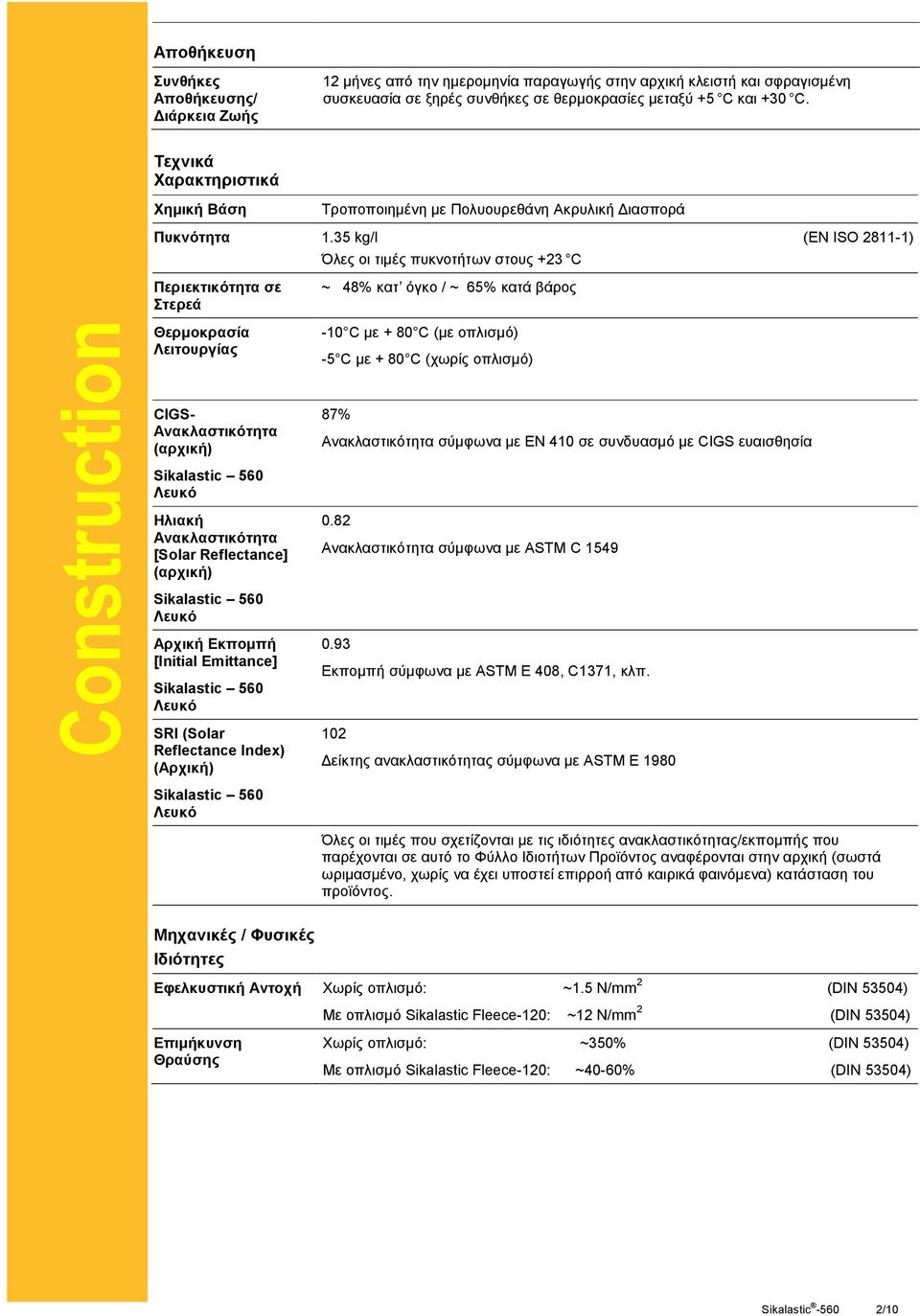 35 kg/l (EN ISO 2811-1) Όλες οι τιμές πυκνοτήτων στους +23 C Περιεκτικότητα σε Στερεά Λειτουργίας ~ 48% κατ όγκο / ~ 65% κατά βάρος -10 C με + 80 C (με οπλισμό) -5 C με + 80 C (χωρίς οπλισμό) CIGS-