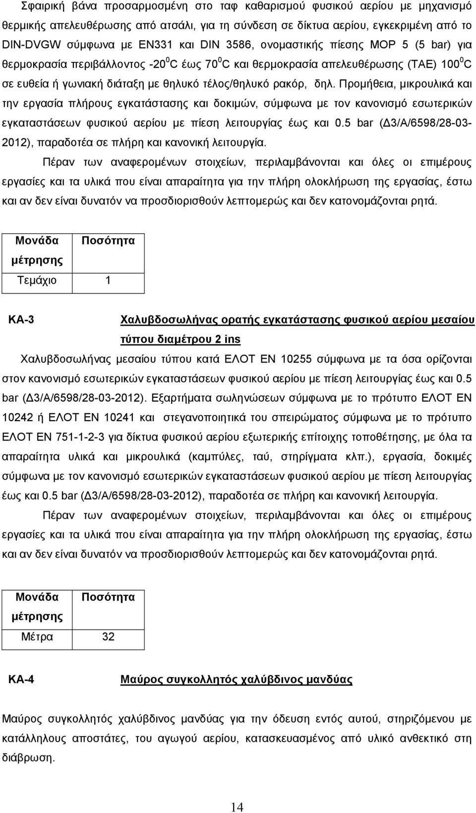 Προµήθεια, µικρουλικά και την εργασία πλήρους εγκατάστασης και δοκιµών, σύµφωνα µε τον κανονισµό εσωτερικών εγκαταστάσεων φυσικού αερίου µε πίεση λειτουργίας έως και 0.