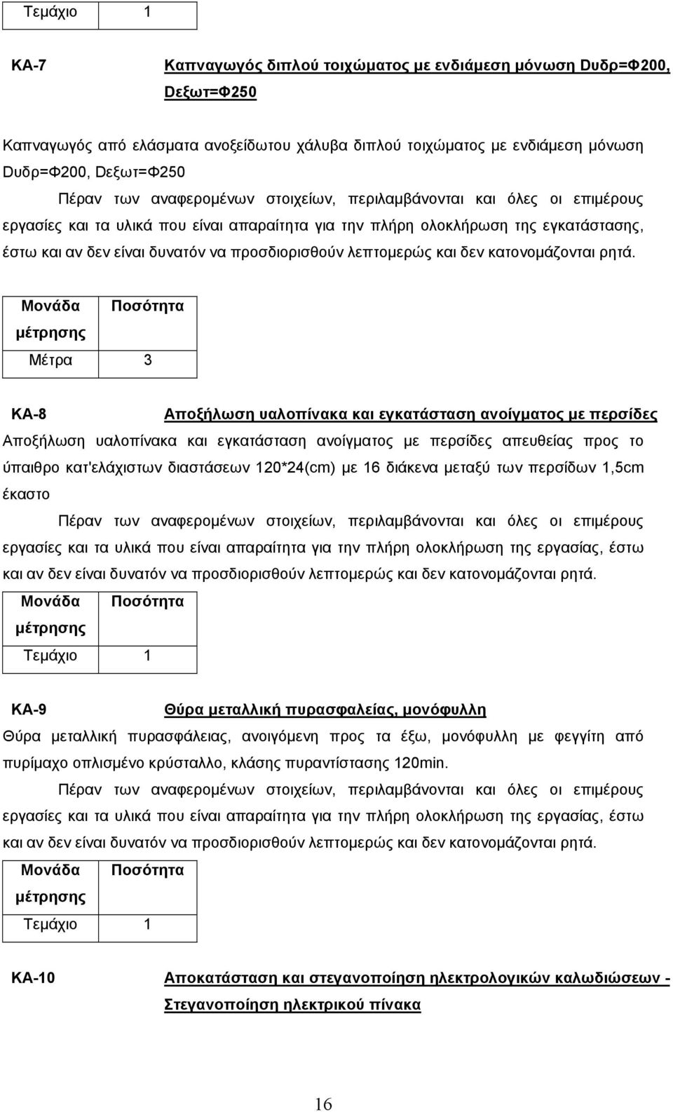 ανοίγµατος µε περσίδες απευθείας προς το ύπαιθρο κατ'ελάχιστων διαστάσεων 120*24(cm) µε 16 διάκενα µεταξύ των περσίδων 1,5cm έκαστο Τεµάχιο 1 ΚΑ-9 Θύρα µεταλλική πυρασφαλείας, µονόφυλλη Θύρα