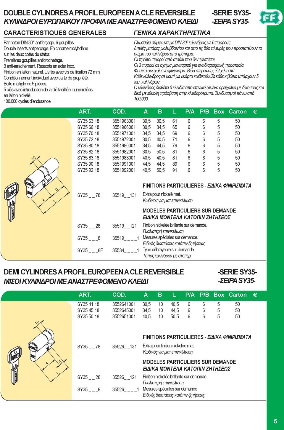 Conditionnement individuel avec carte de propriété. Boite multiple de pièces. clés avec introduction de la clé facilitée, numérotées, en laiton nickelé. 0.000 cycles d endurance.