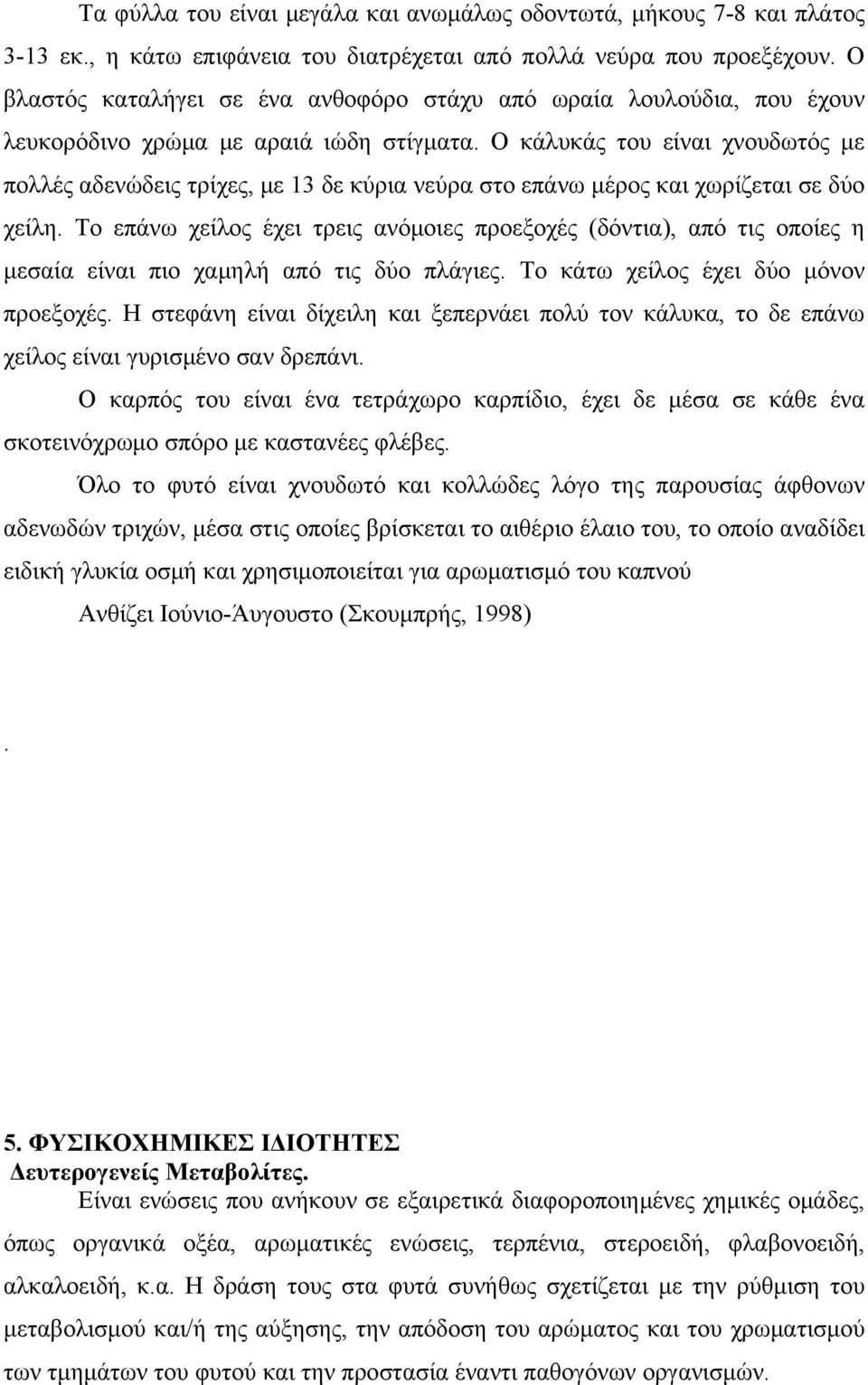 Ο κάλυκάς του είναι χνουδωτός με πολλές αδενώδεις τρίχες, με 13 δε κύρια νεύρα στο επάνω μέρος και χωρίζεται σε δύο χείλη.