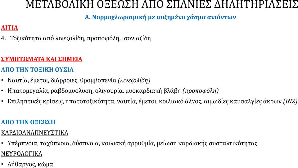 θρομβοπενία (λινεζολίδη) Ηπατομεγαλία, ραβδομυόλυση, ολιγουρία, μυοκαρδιακή βλάβη (προποφόλη) Επιληπτικές κρίσεις,