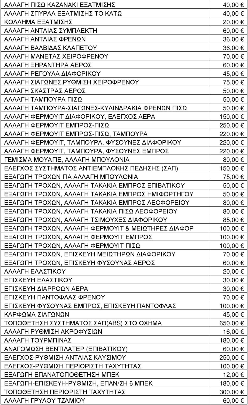 ΤΑΜΠΟΥΡΑ-ΣΙΑΓΩΝΕΣ-ΚΥΛΙΝ ΡΑΚΙΑ ΦΡΕΝΩΝ ΠΙΣΩ 50,00 ΑΛΛΑΓΗ ΦΕΡΜΟΥΙΤ ΙΑΦΟΡΙΚΟΥ, ΕΛΕΓΧΟΣ ΑΕΡΑ 150,00 ΑΛΛΑΓΗ ΦΕΡΜΟΥΙΤ ΕΜΠΡΟΣ-ΠΙΣΩ 250,00 ΑΛΛΑΓΗ ΦΕΡΜΟΥΙΤ ΕΜΠΡΟΣ-ΠΙΣΩ, ΤΑΜΠΟΥΡΑ 220,00 ΑΛΛΑΓΗ ΦΕΡΜΟΥΙΤ,