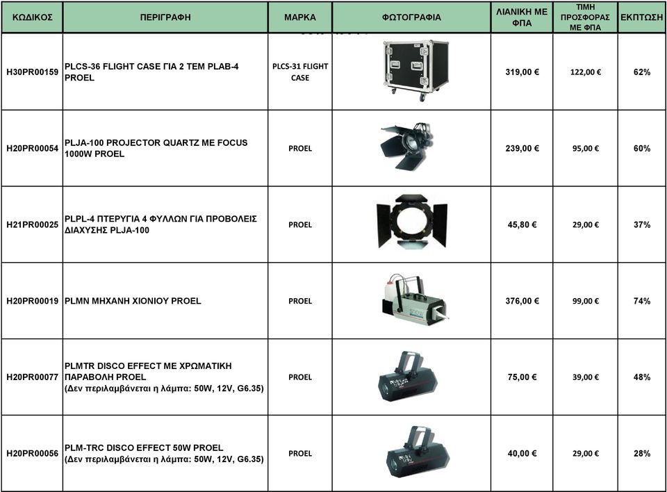 H20PR00019 PLMN MHXANH XIONIOY 376,00 99,00 74% H20PR00077 PLMTR DISCO EFFECT ME XPΩMATIKH ΠAPABOΛH (Δεν περιλαμβάνεται η