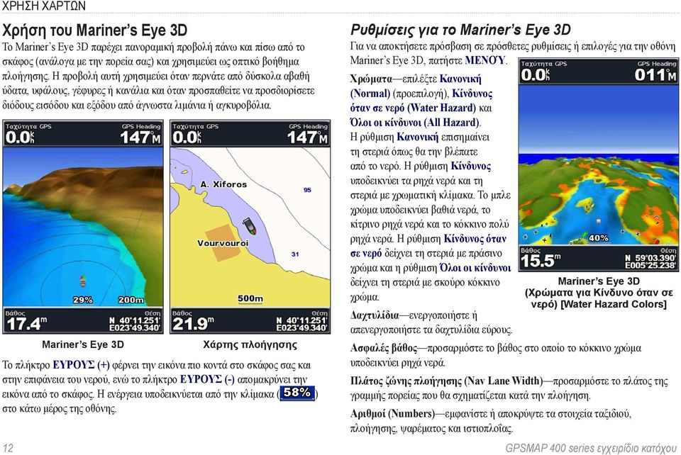 Mariner s Eye 3D Χάρτης πλοήγησης Το πλήκτρο ΕΥΡΟΥΣ (+) φέρνει την εικόνα πιο κοντά στο σκάφος σας και στην επιφάνεια του νερού, ενώ το πλήκτρο ΕΥΡΟΥΣ (-) απομακρύνει την εικόνα από το σκάφος.