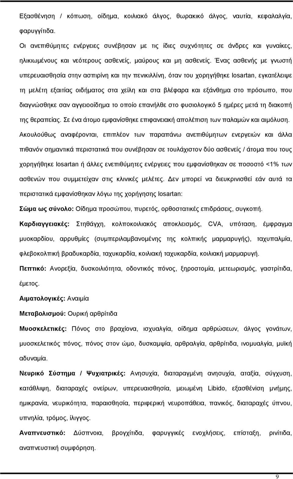 Ένας ασθενής με γνωστή υπερευαισθησία στην ασπιρίνη και την πενικιλλίνη, όταν του χορηγήθηκε losartan, εγκατέλειψε τη μελέτη εξαιτίας οιδήματος στα χείλη και στα βλέφαρα και εξάνθημα στο πρόσωπο, που