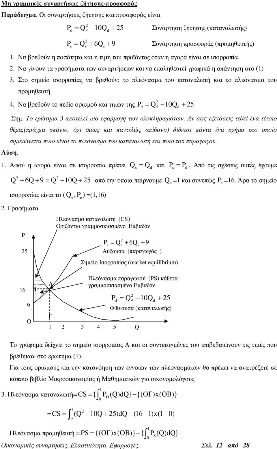 Στο σηµείο ισορροπίας να βρεθούν: το πλεόνασµα του καταναλωτή και το πλεόνασµα του προµηθευτή. 4. Να βρεθούν το πεδίο ορισµού και τιµών της P = 0 + 5 Σηµ.