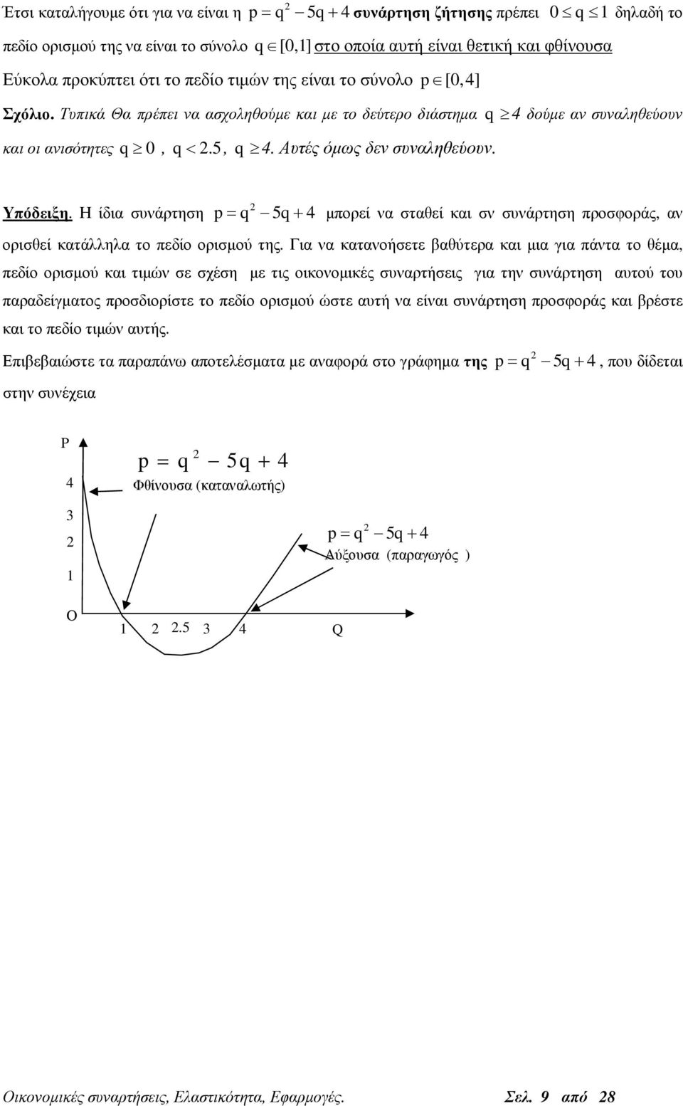 Υπόδειξη. Η ίδια συνάρτηση p = q 5q + 4 µπορεί να σταθεί και σν συνάρτηση προσφοράς, αν ορισθεί κατάλληλα το πεδίο ορισµού της.