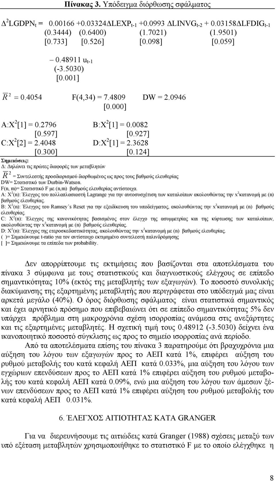 124] Σηµειώσεις: : ηλώνει τις πρώτες διαφορές των µεταβλητών R 2 = Συντελεστής προσδιορισµού διορθωµένος ως προς τους βαθµούς ελευθερίας DW= Στατιστικό των Durbin-Watson.