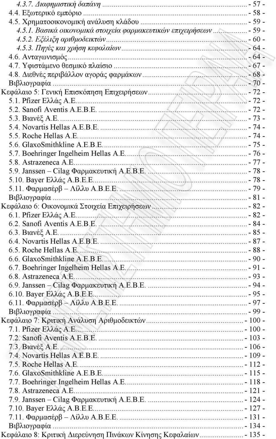 .. - 70 - Κεφάλαιο 5: Γενική Επισκόπηση Επιχειρήσεων... - 72-5.1. Pfizer Ελλάς Α.Ε.... - 72-5.2. Sanofi Aventis Α.Ε.Β.Ε.... - 72-5.3. Βιανέξ Α.Ε.... - 73-5.4. Novartis Hellas Α.Ε.Β.Ε.... - 74-5.5. Roche Hellas Α.