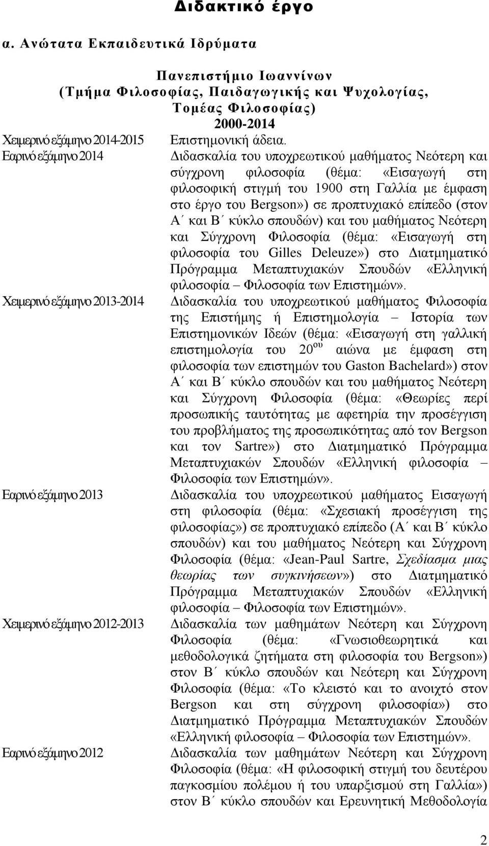 2013-2014 Εαρινό εξάμηνο 2013 Χειμερινό εξάμηνο 2012-2013 Εαρινό εξάμηνο 2012 Επιστημονική άδεια.