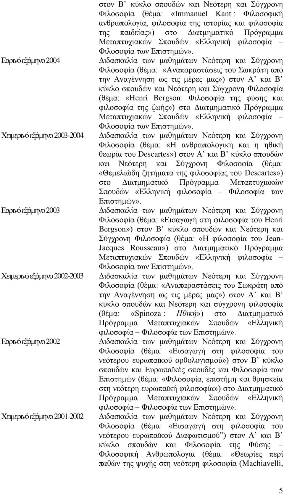 Διδασκαλία των μαθημάτων Νεότερη και Σύγχρονη Φιλοσοφία (θέμα: «Αναπαραστάσεις του Σωκράτη από την Αναγέννηση ως τις μέρες μας») στον Α και Β κύκλο σπουδών και Νεότερη και Σύγχρονη Φιλοσοφία (θέμα: