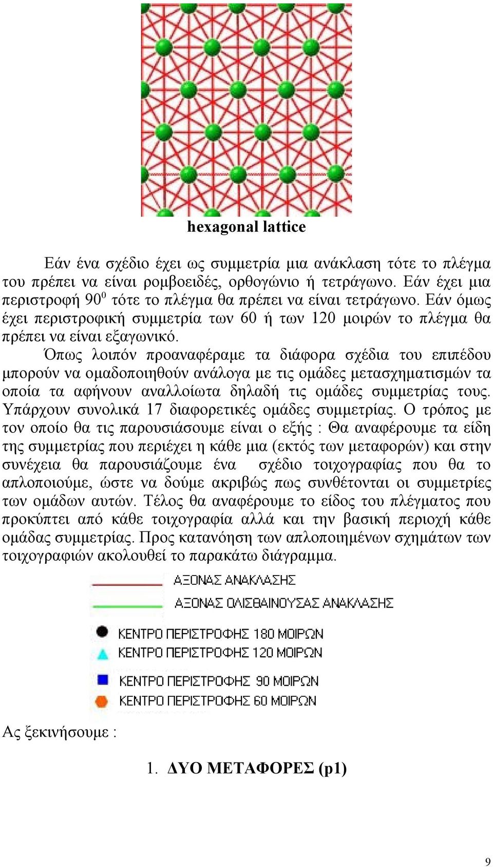 Όπως λοιπόν προαναφέραμε τα διάφορα σχέδια του επιπέδου μπορούν να ομαδοποιηθούν ανάλογα με τις ομάδες μετασχηματισμών τα οποία τα αφήνουν αναλλοίωτα δηλαδή τις ομάδες συμμετρίας τους.